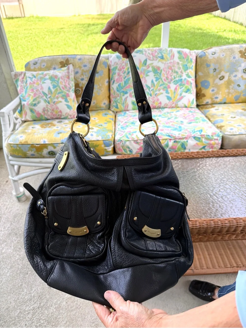 B Makowsky Black Pebbled Leather Slouchy Hobo Bag Gold Cargo Pockets